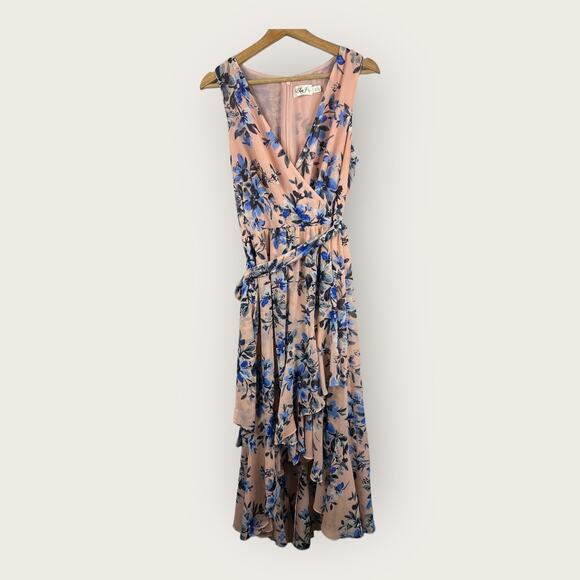 Eliza J Womens 10 High Low Floral Faux Wrap Sleeveless Midi Dress Pink Blue - Picture 2 of 11